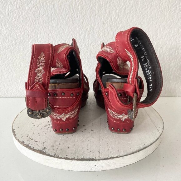 Lane Boots LEXINGTON Womens Red Wedges 9.5 Western Sandals Cowgirl Wooden Heels - Picture 3 of 11